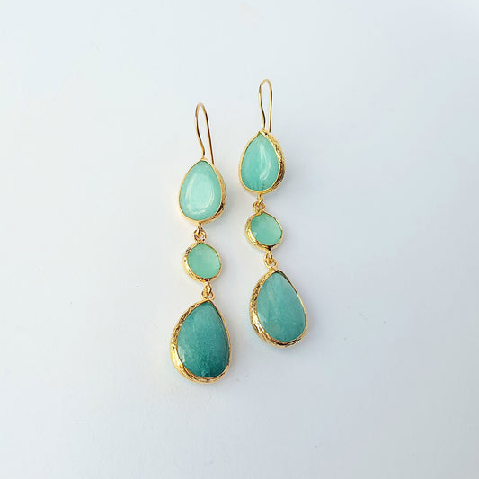 Green stone triple drop earrings in gold plate