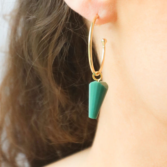Faceted teal agate pyramid on 30mm gold plated hoops