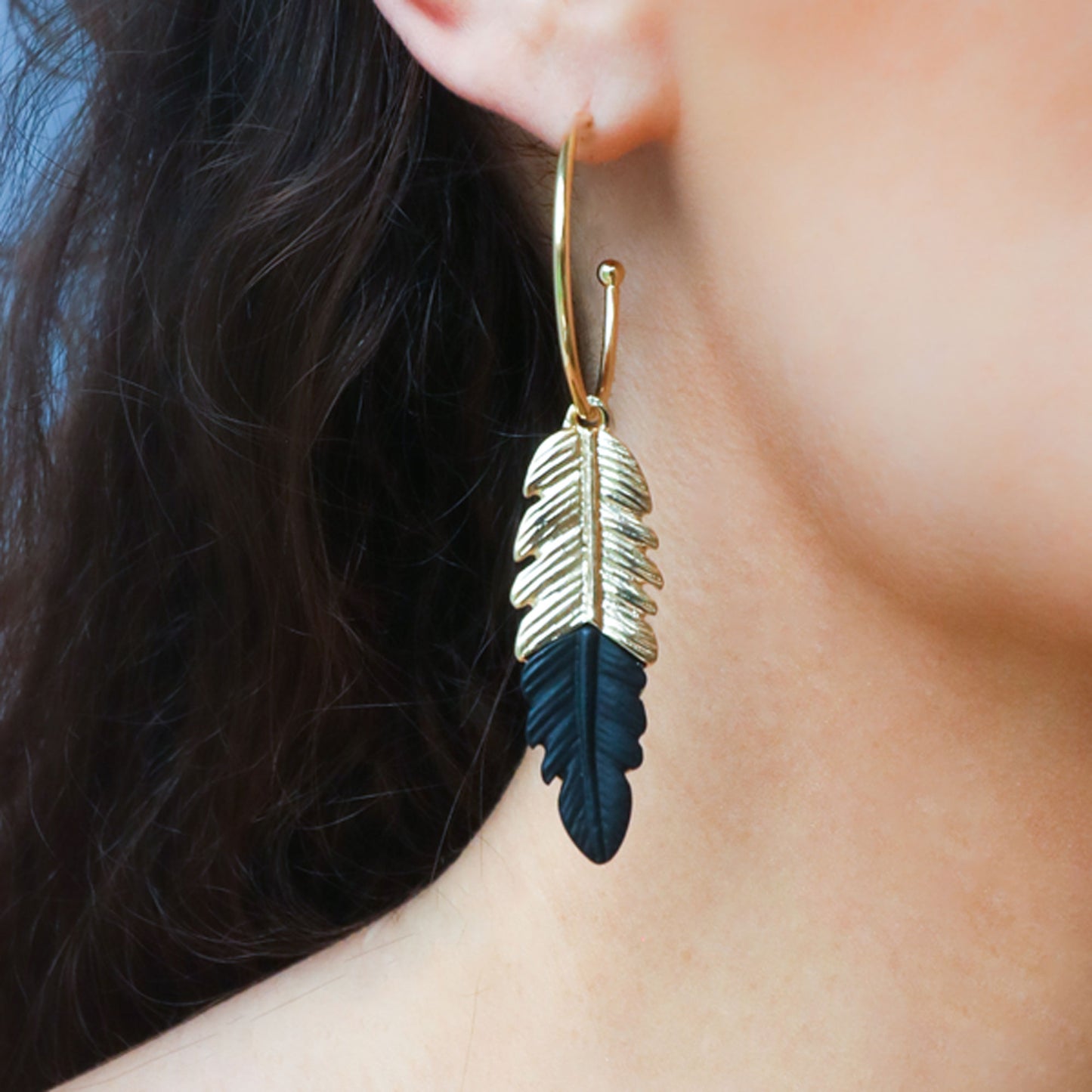 Black & gold plated leaf design on 30mm gold plated hoops