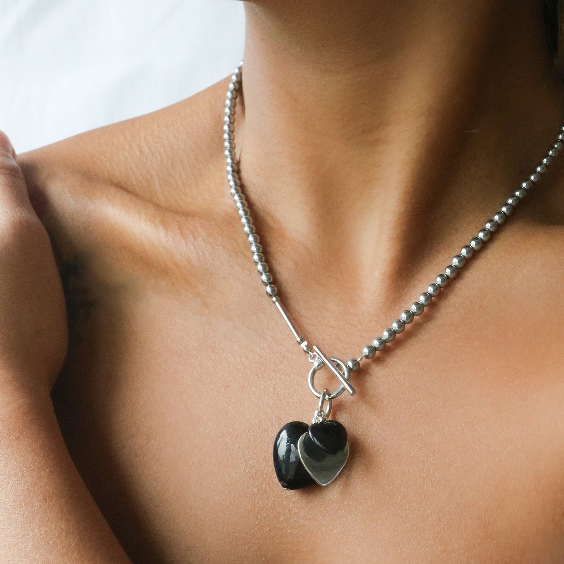 Black fossil stone charms necklace