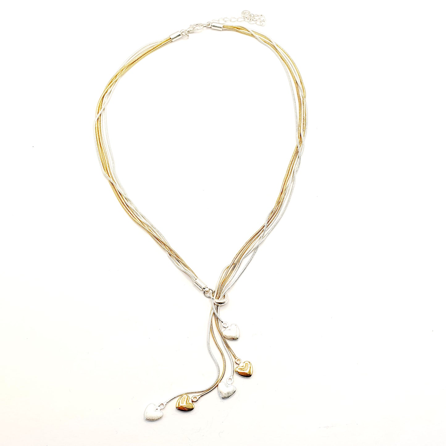 Five strands of silver and gold plated chains with heart charms.