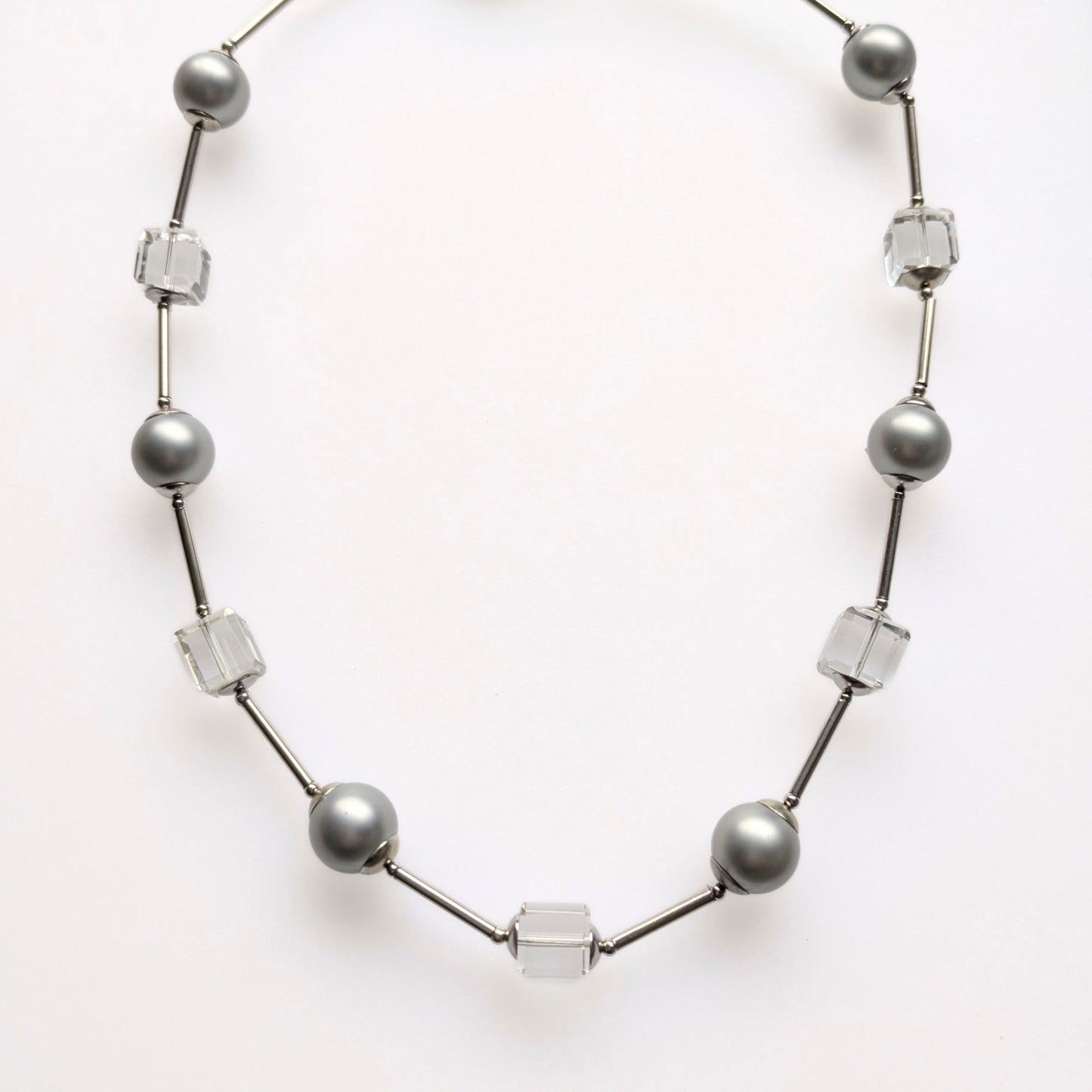 Silver glass pearl & crystal cube orb neckace
