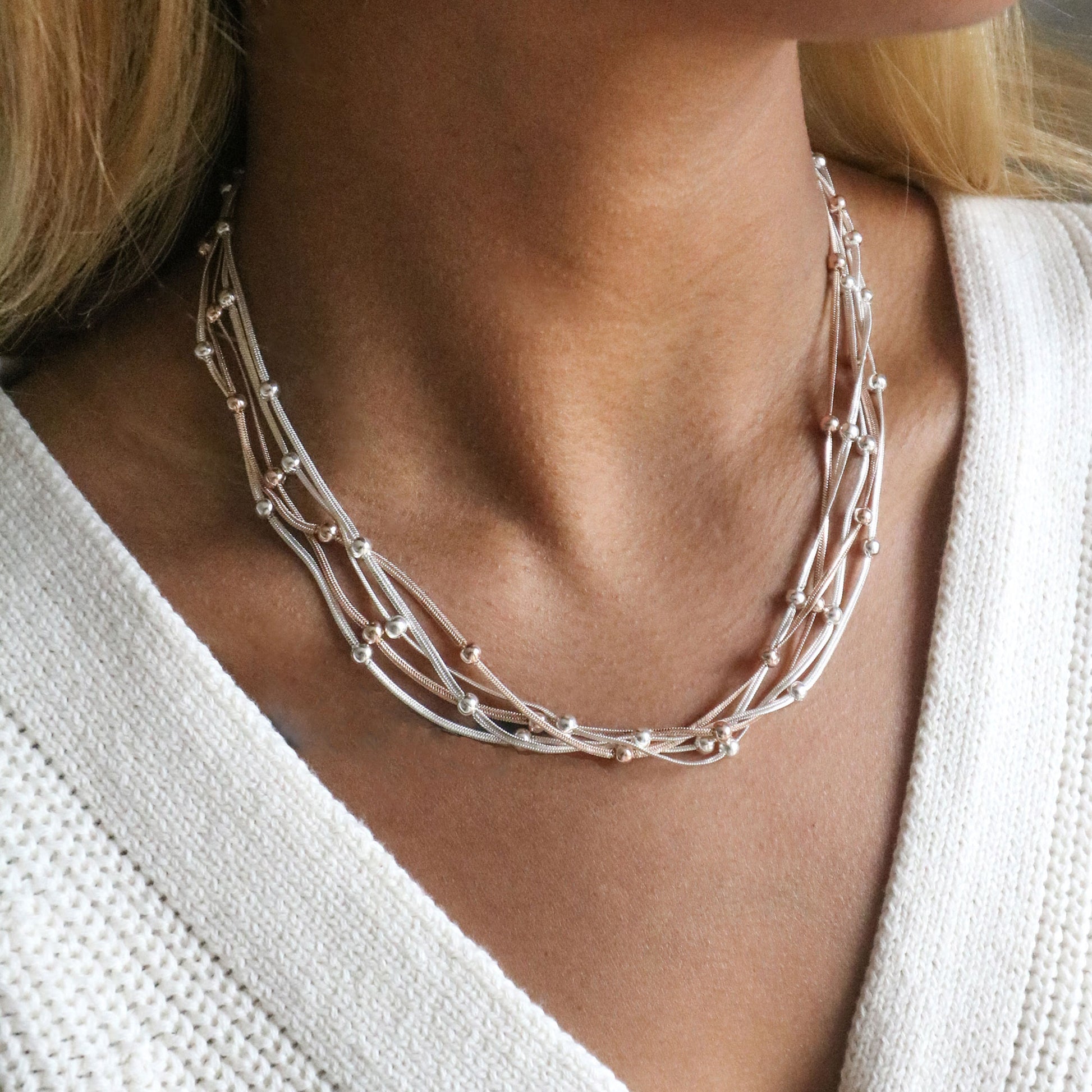 Satellite design multi chain necklace in silver plate