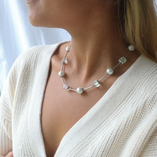 White glass pearl & crystal cube orb neckace