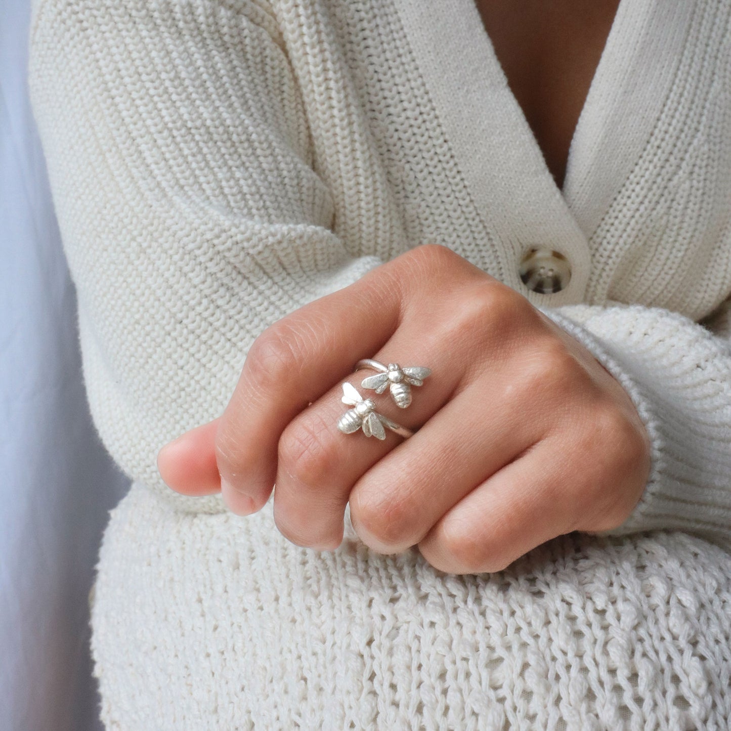 Handmade sterling silver open ring with two bees