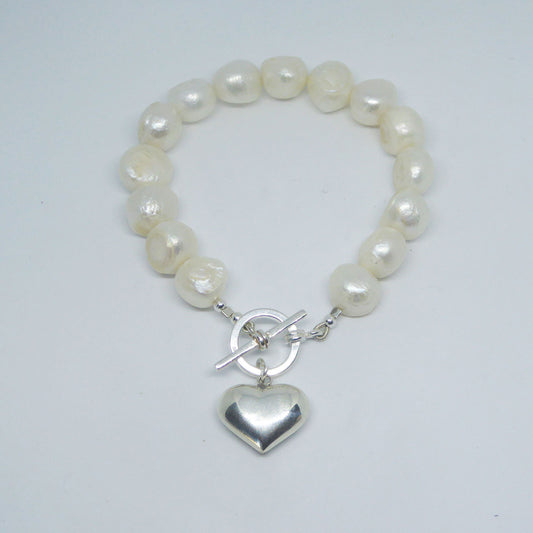 White freshwater pearls & silver heart charm