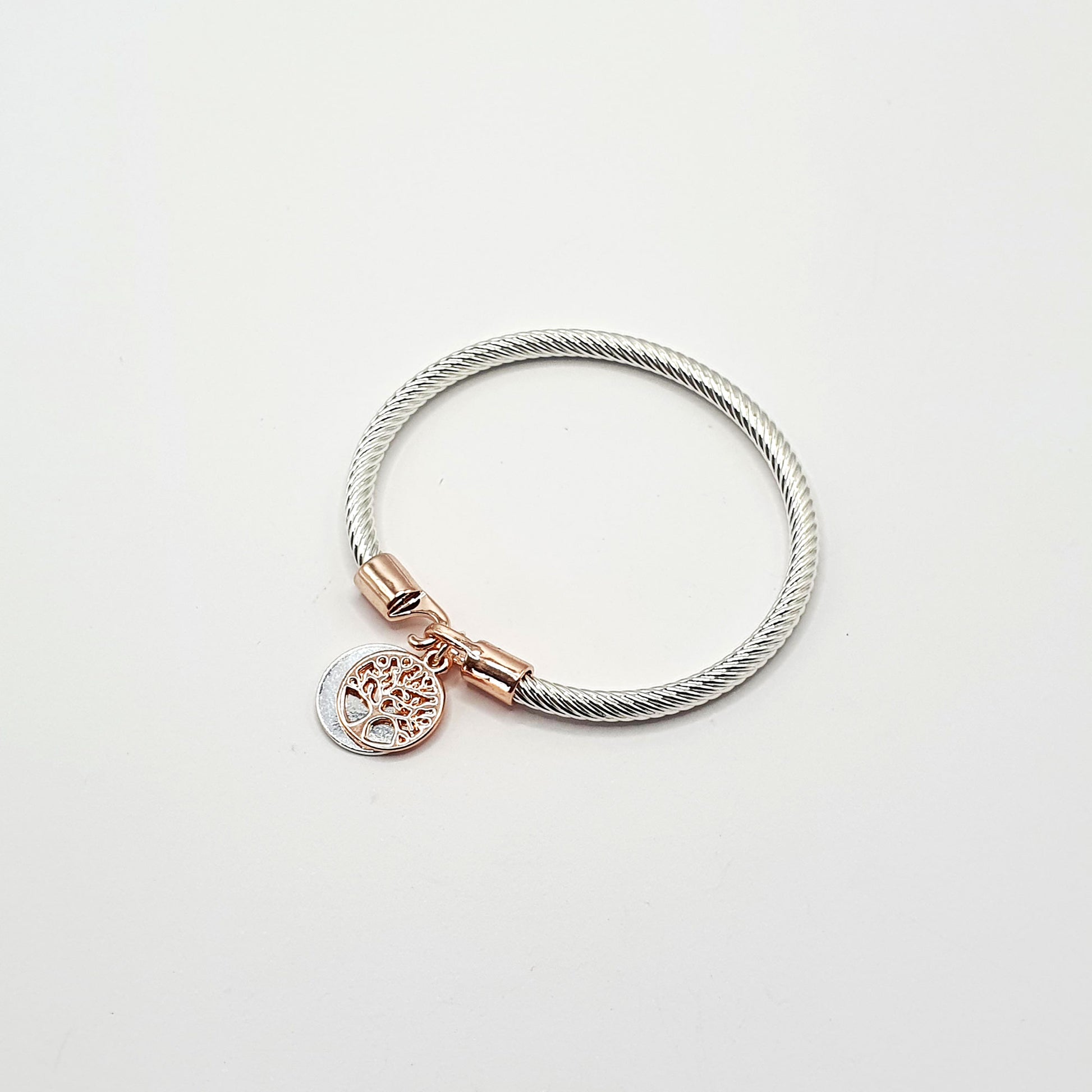 Twisted rope effect silver plated bangle with a charm on the rose gold plated clasp
