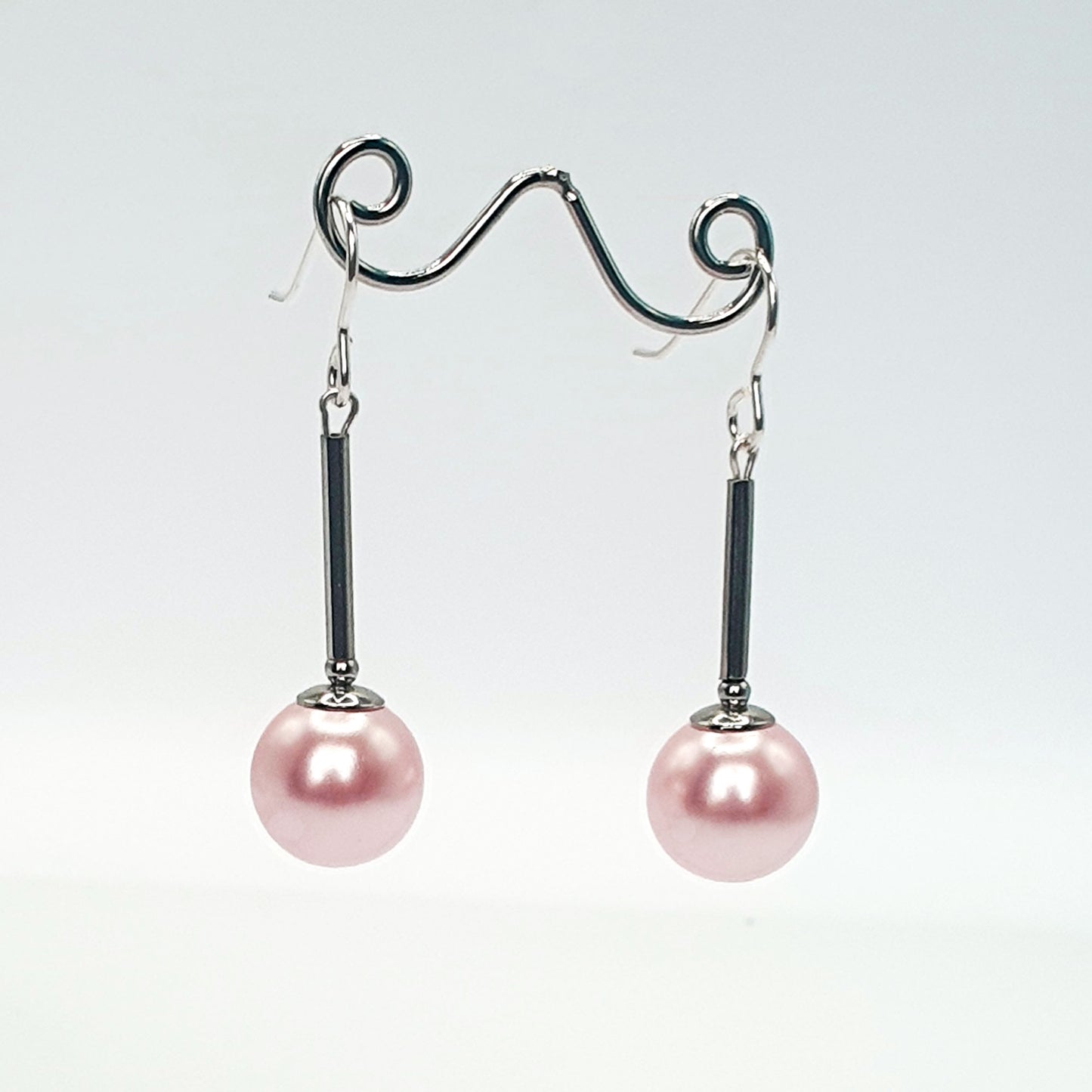 Pale pink glass pearl long drop earrings