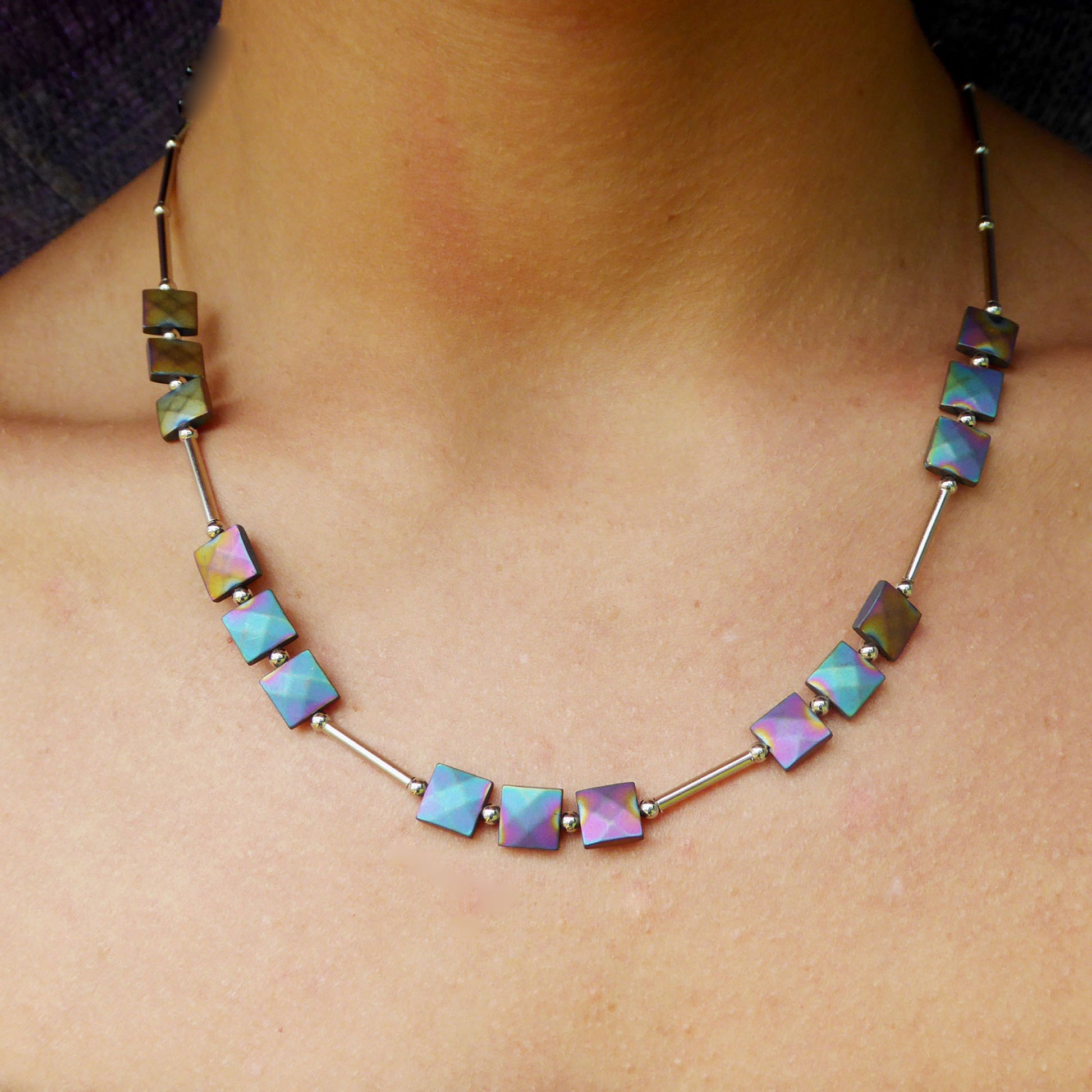 Faceted hematite triples necklace