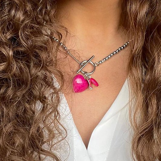 Hot pink fossil stone charms necklace