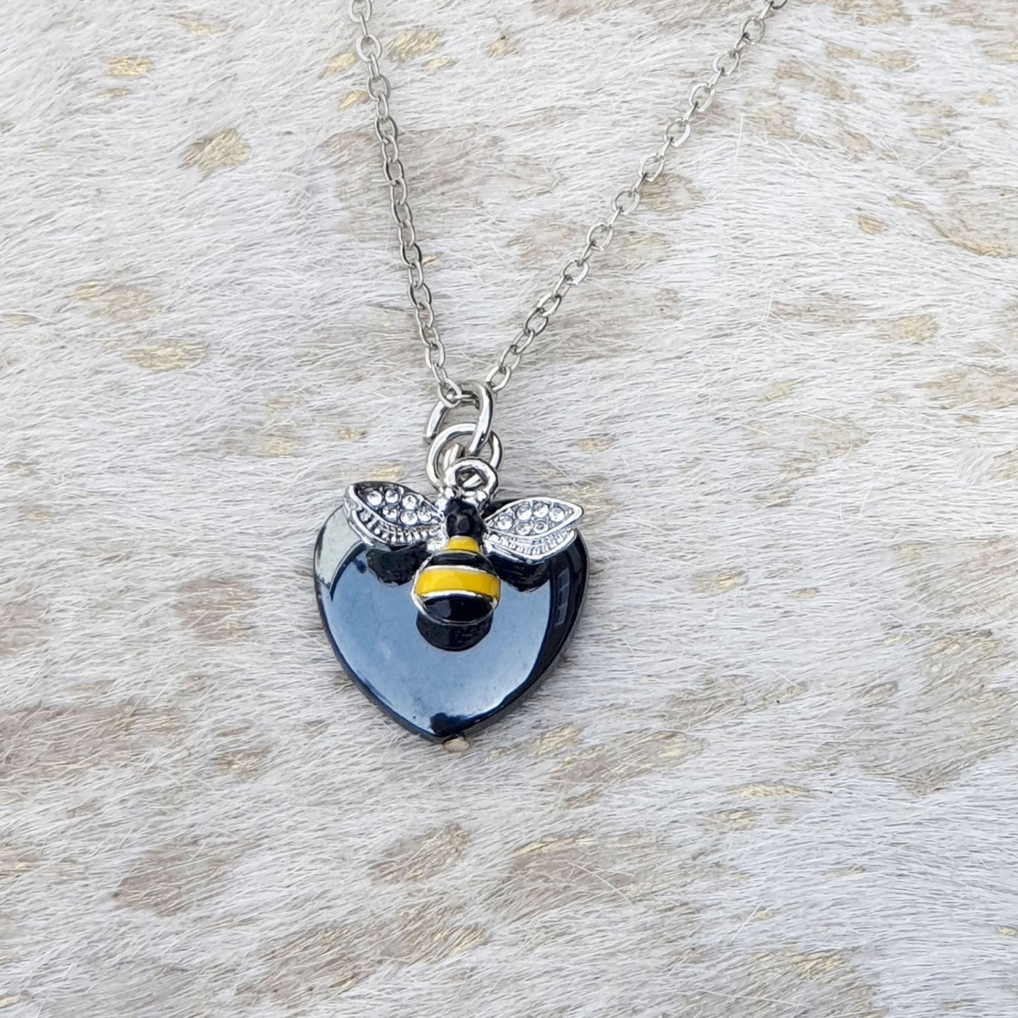 Hematite Heart & Enamel Bee Charms