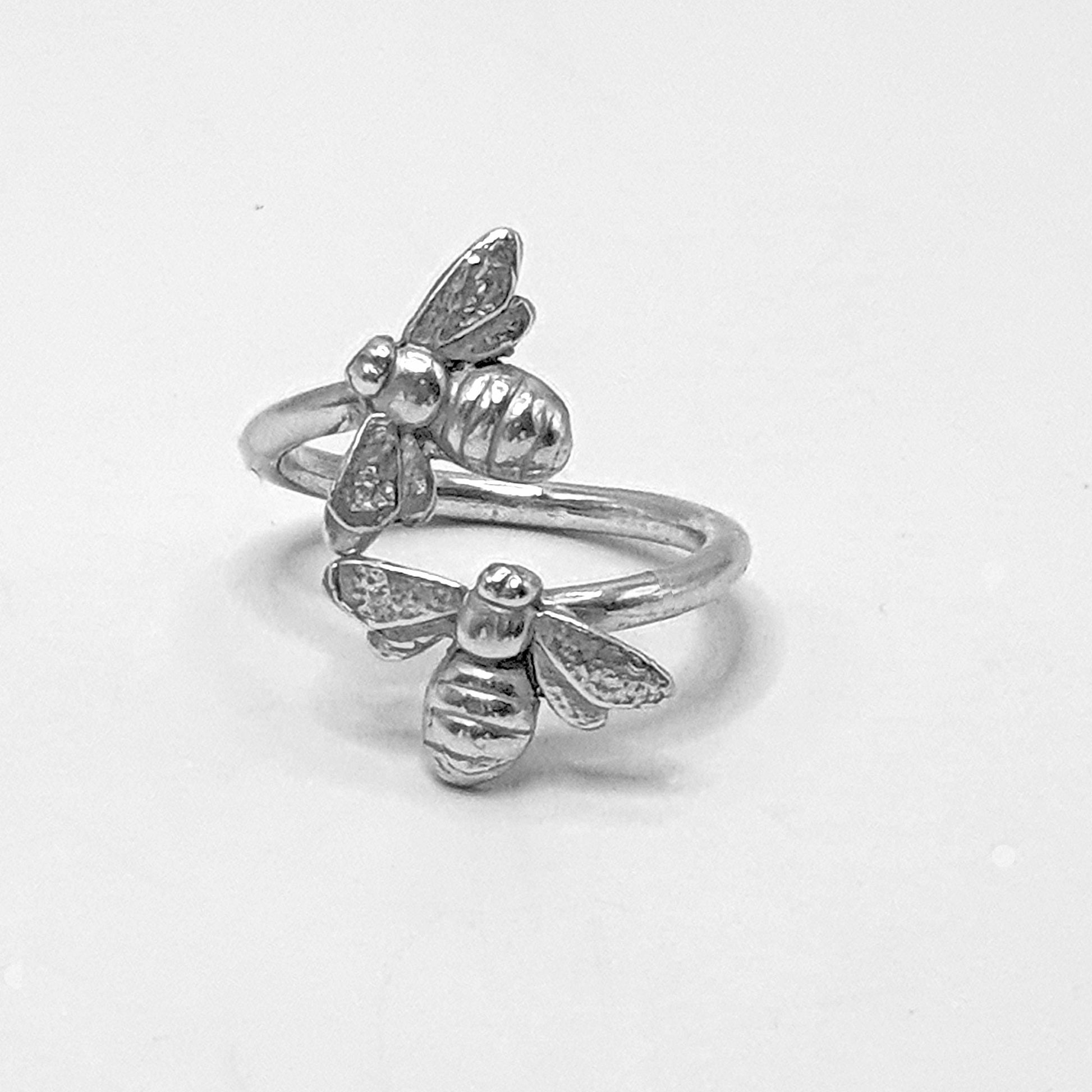 Sterling silver open ring with two bees