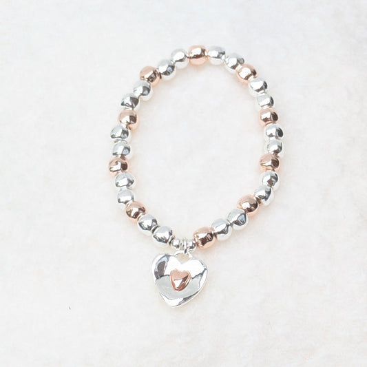 Silver & gold plated beaded bracelet with heart charm