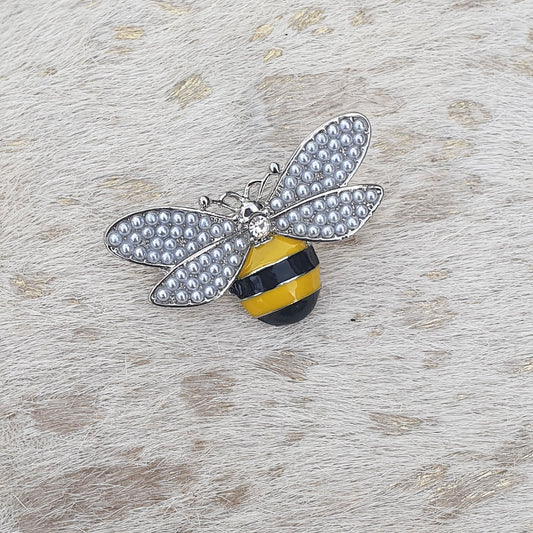 Enamel bee brooch in silver plate with diamante wings
