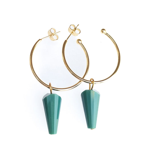 Faceted aqua blue agate cones on gold plated hoops