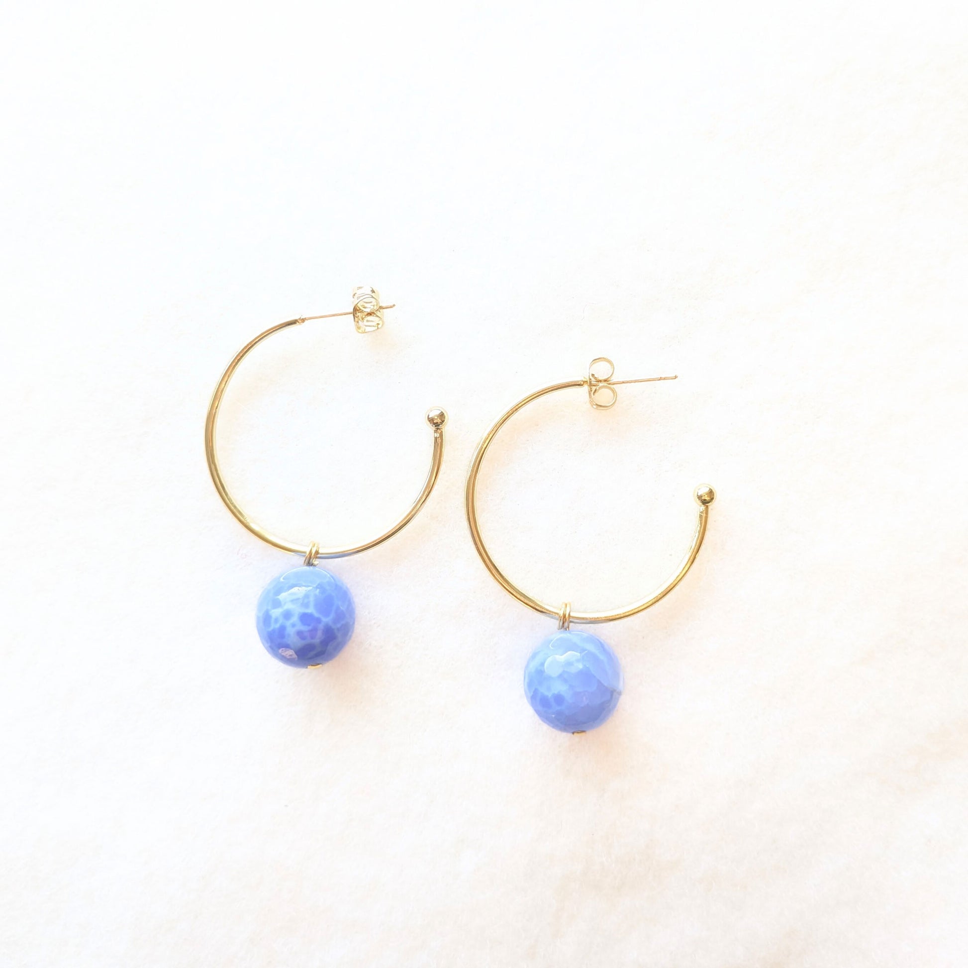 Cornflower blue fire agate on 30mm gold plated hoop