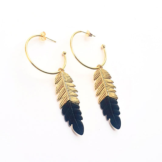30MM Gold plated hoops with black & gold plated leaf