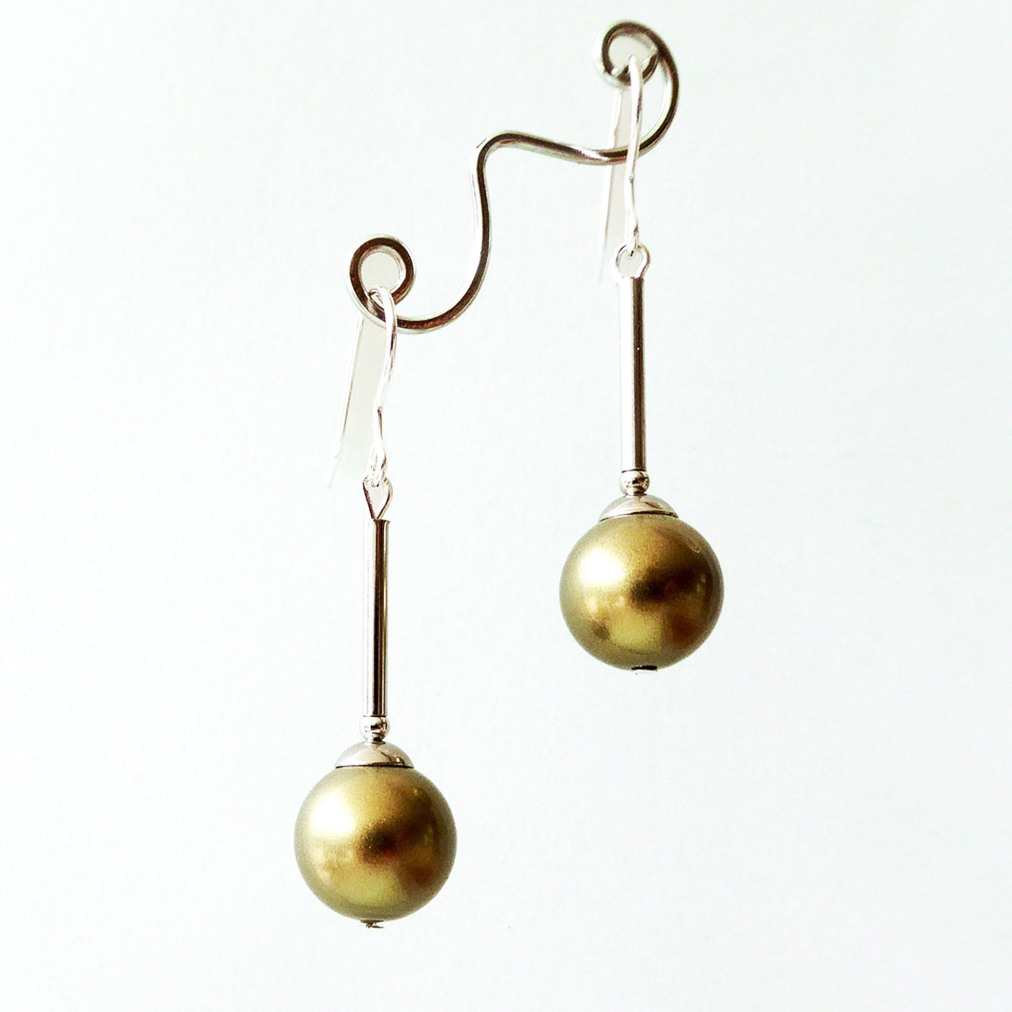 Moss green glass pearl long drop earrings