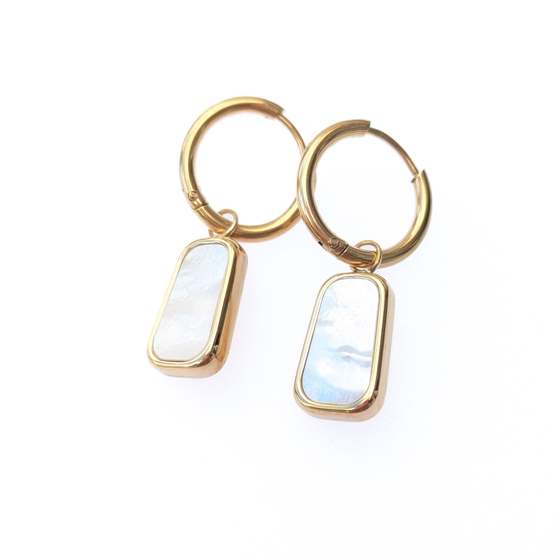 Mother of pearl rectangular drops on 18kt gold plated hoops