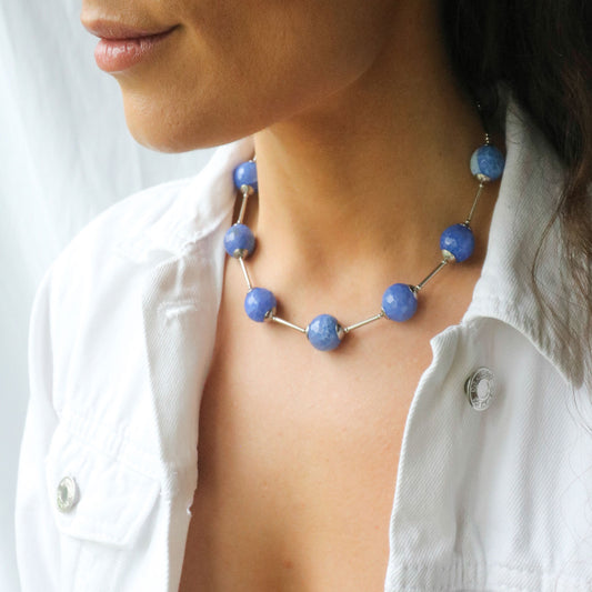 Orb style necklace in blue faceted agate