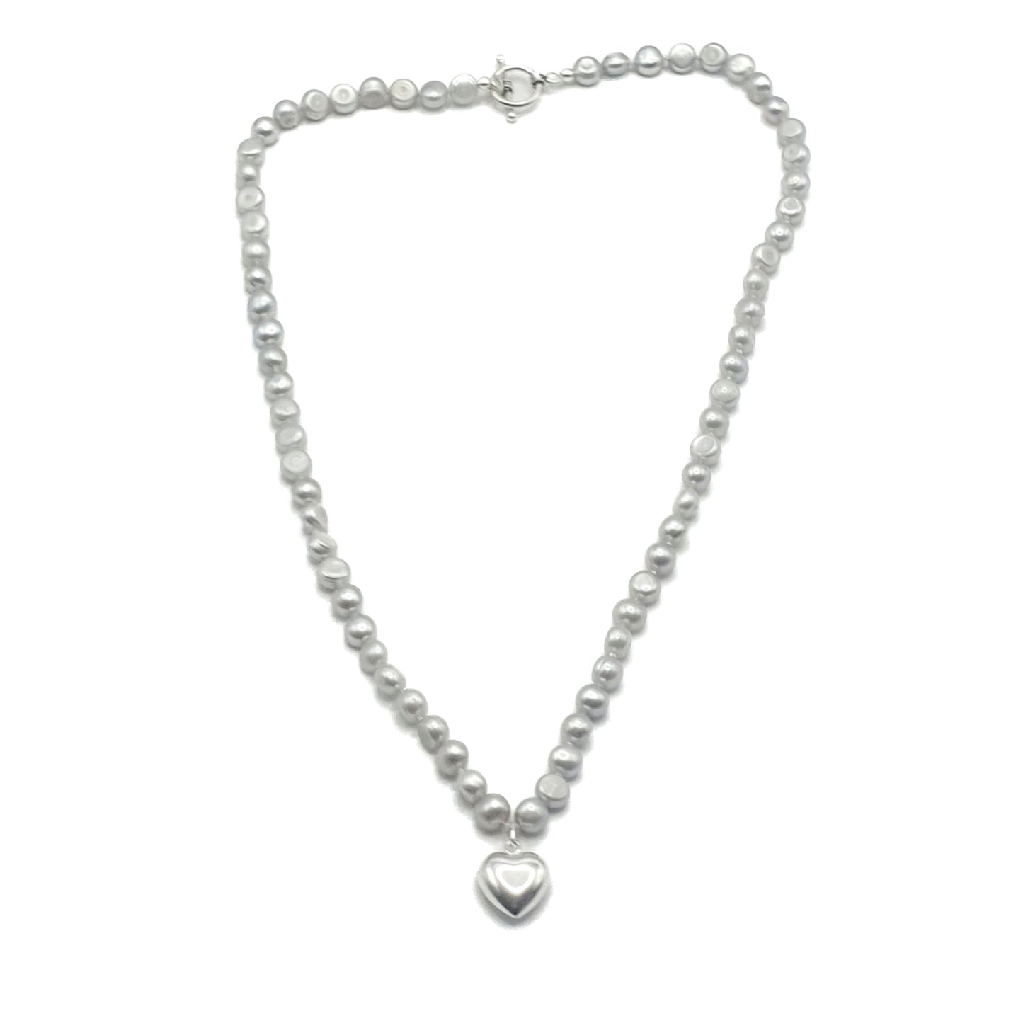 Delicate freshwater pearl necklace in silver-grey with a sterling silver puff heart