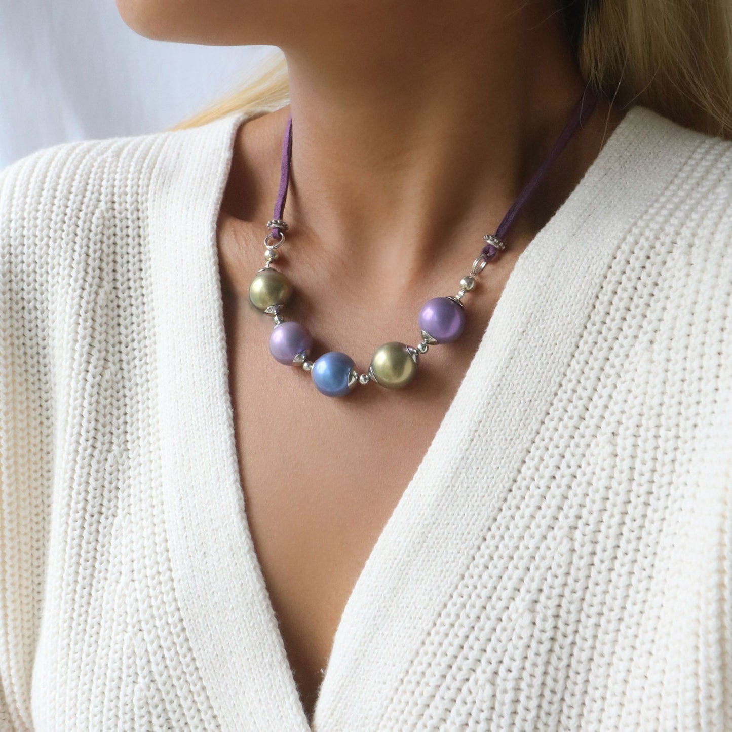 Glass pearl crescent necklace in purple and green