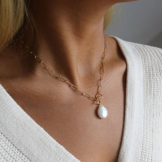 Gold vermeil paperclip chain necklace with freshwater coin pearl on front fastening clasp