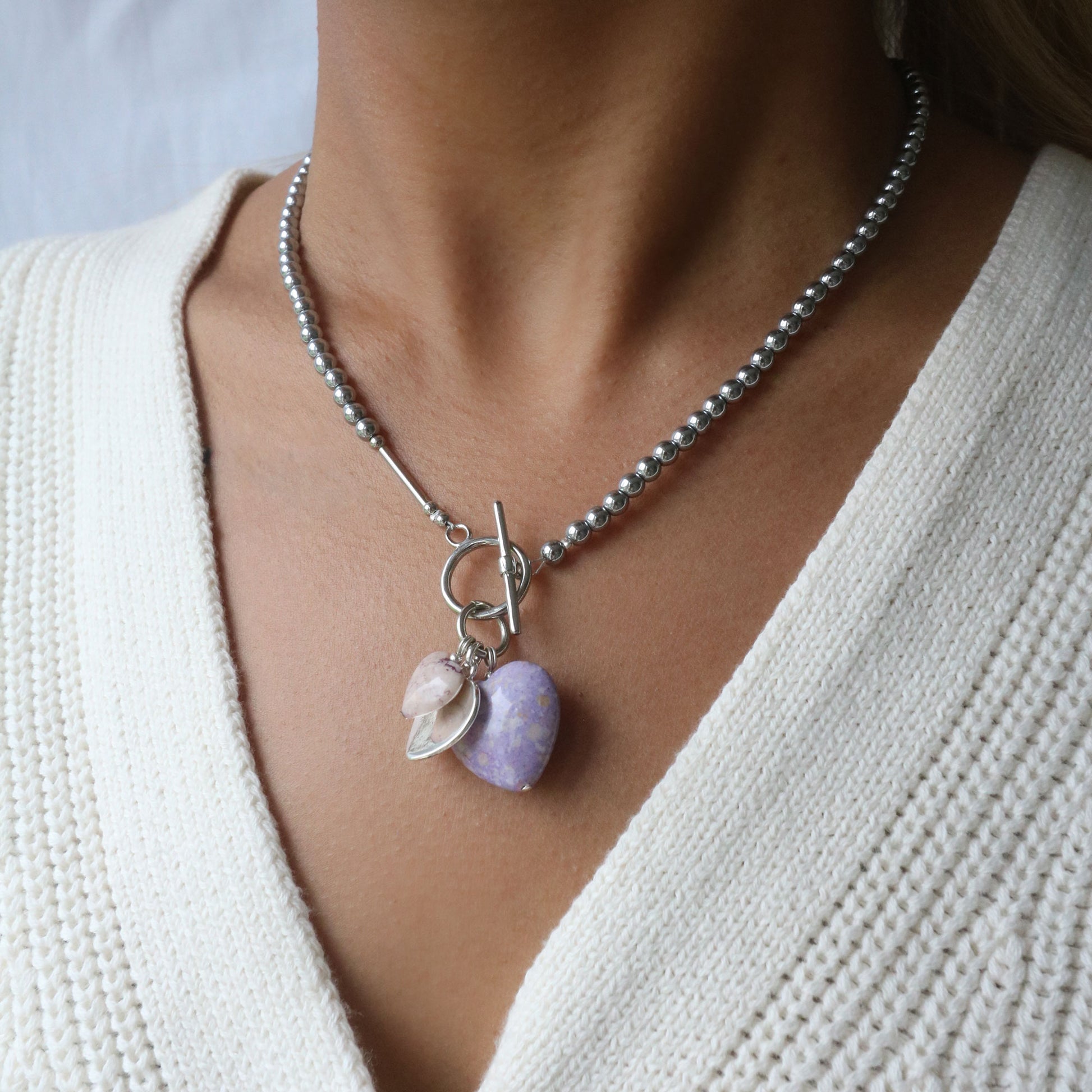 Lavender fossil stone charms necklace