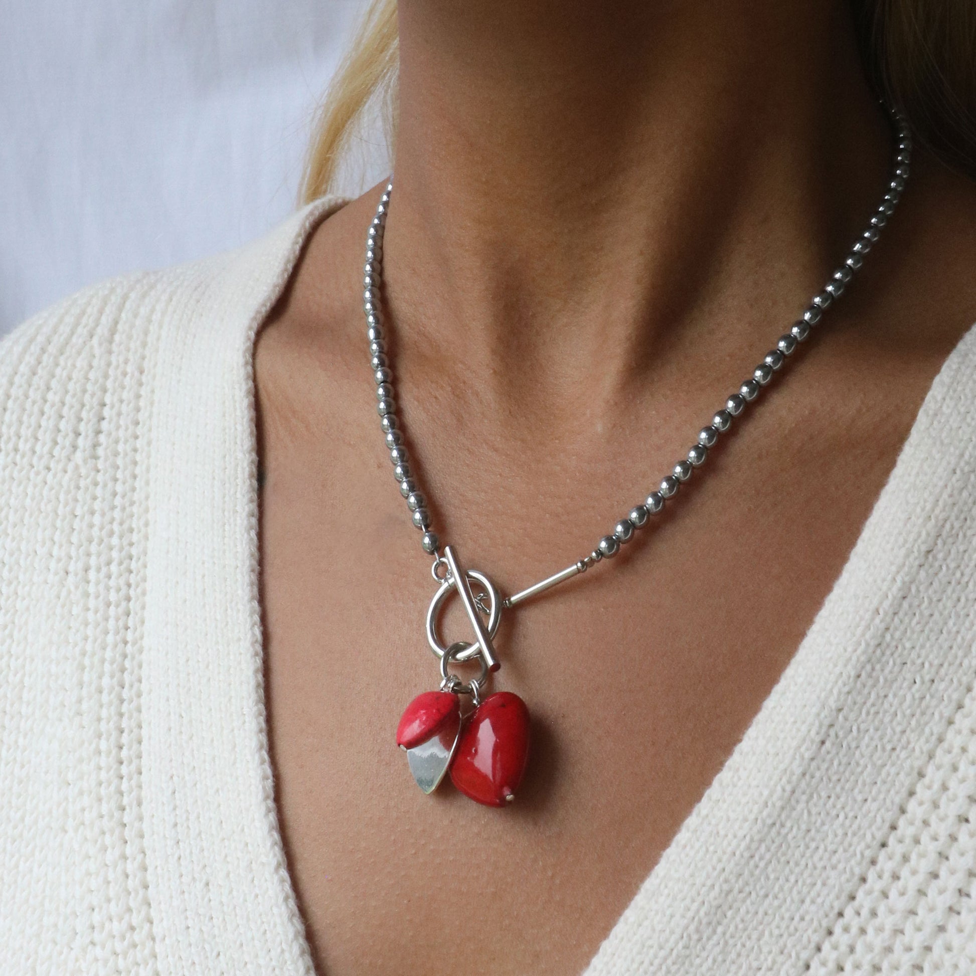 Red fossil stone charms necklace
