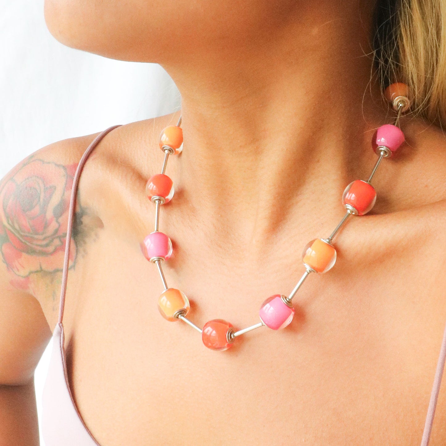 Coral pink and orange Zsiska orb necklace