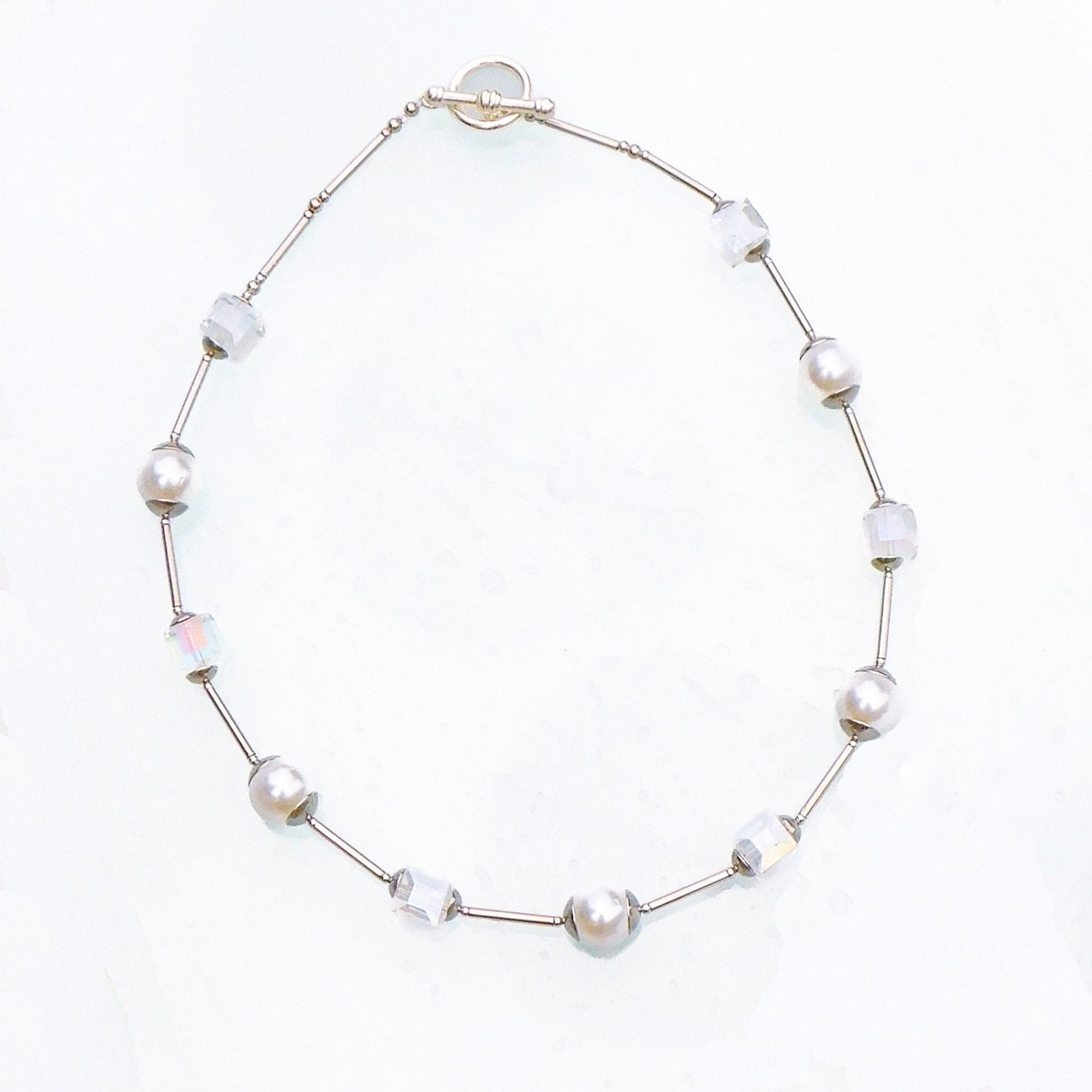 White glass pearl & crystal cube orb neckace