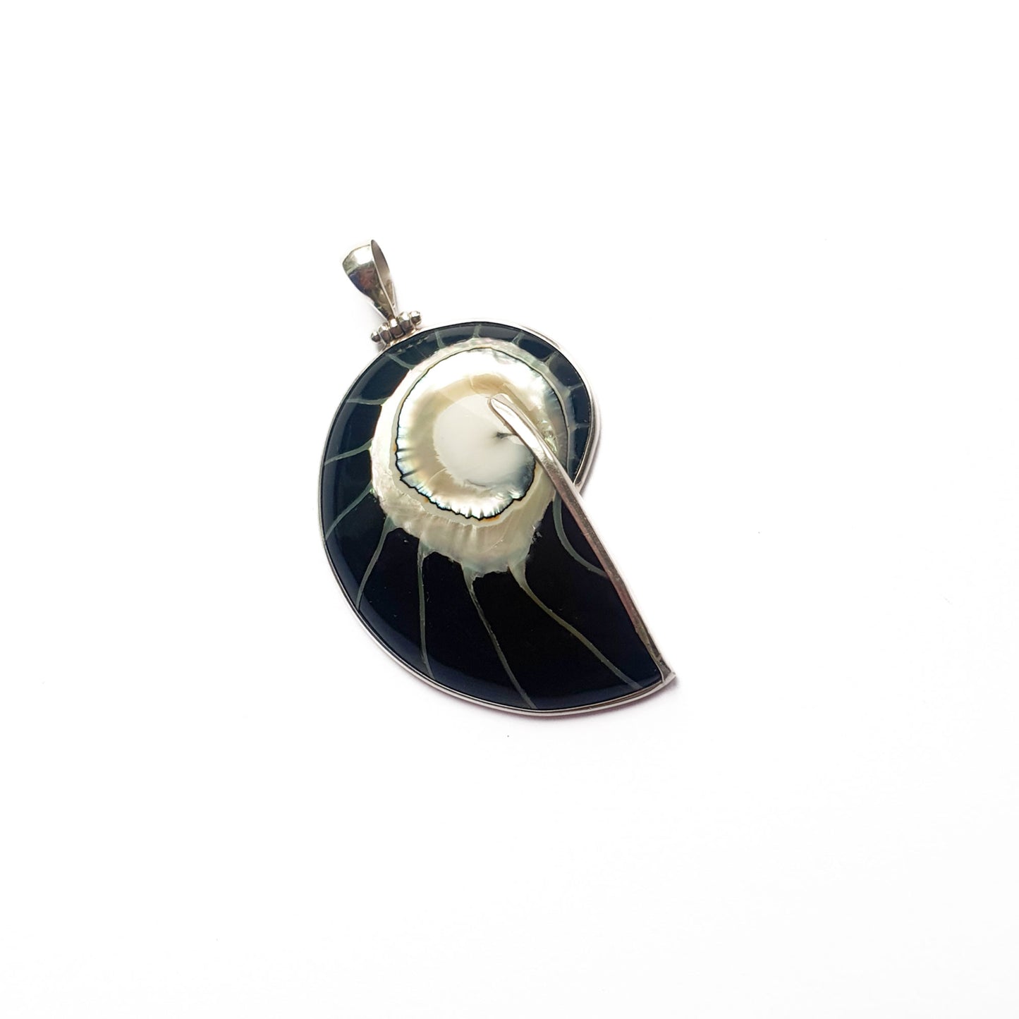 Black nautilus shell pendant set in silver