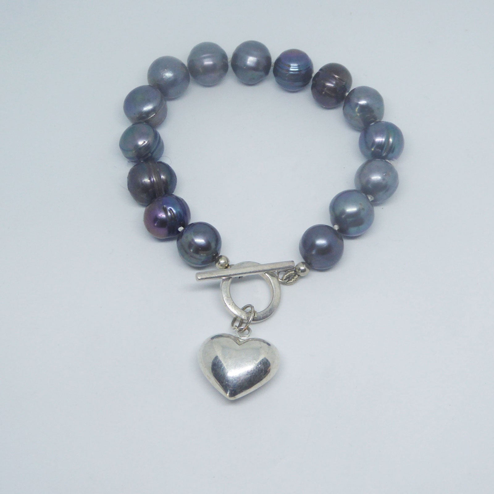 Peacock freshwater pearls & silver heart charm