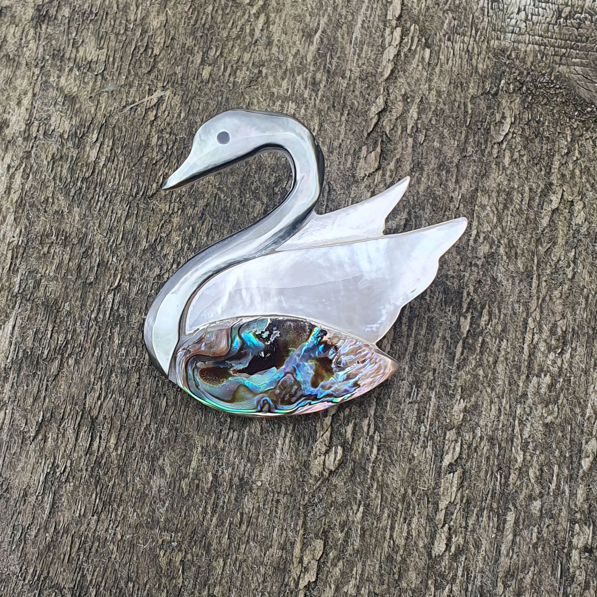 Mother of pearl and abalone shell swan brooch