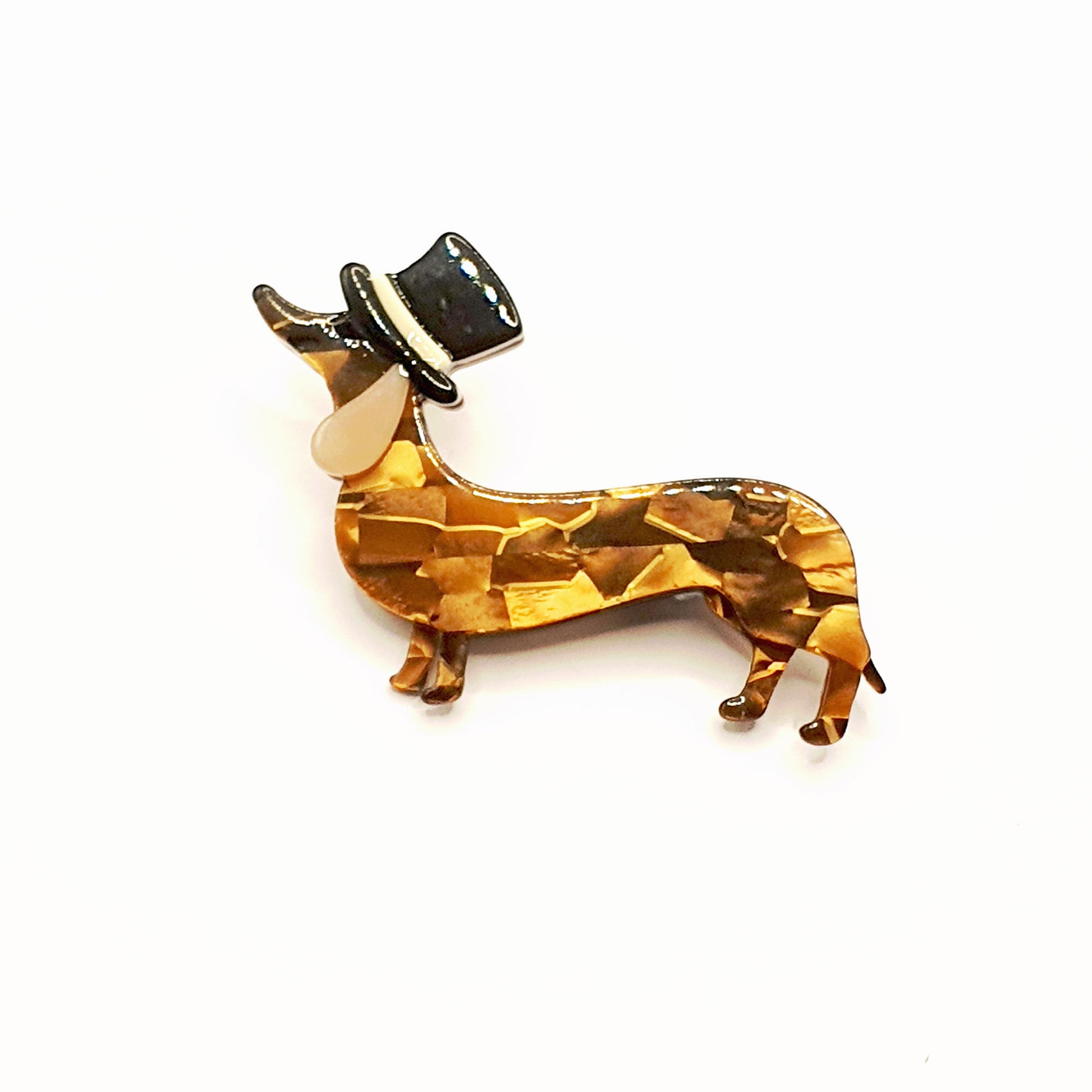 Quirky resin dachshund brooch with a top hat