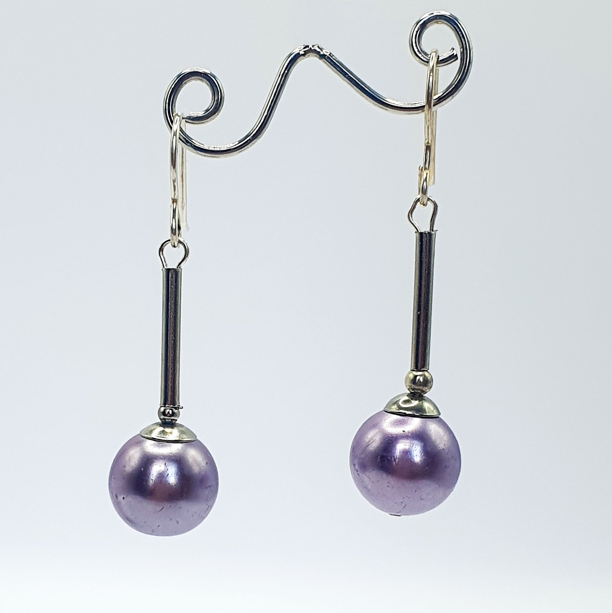 Lavender glass pearl long drop earrings