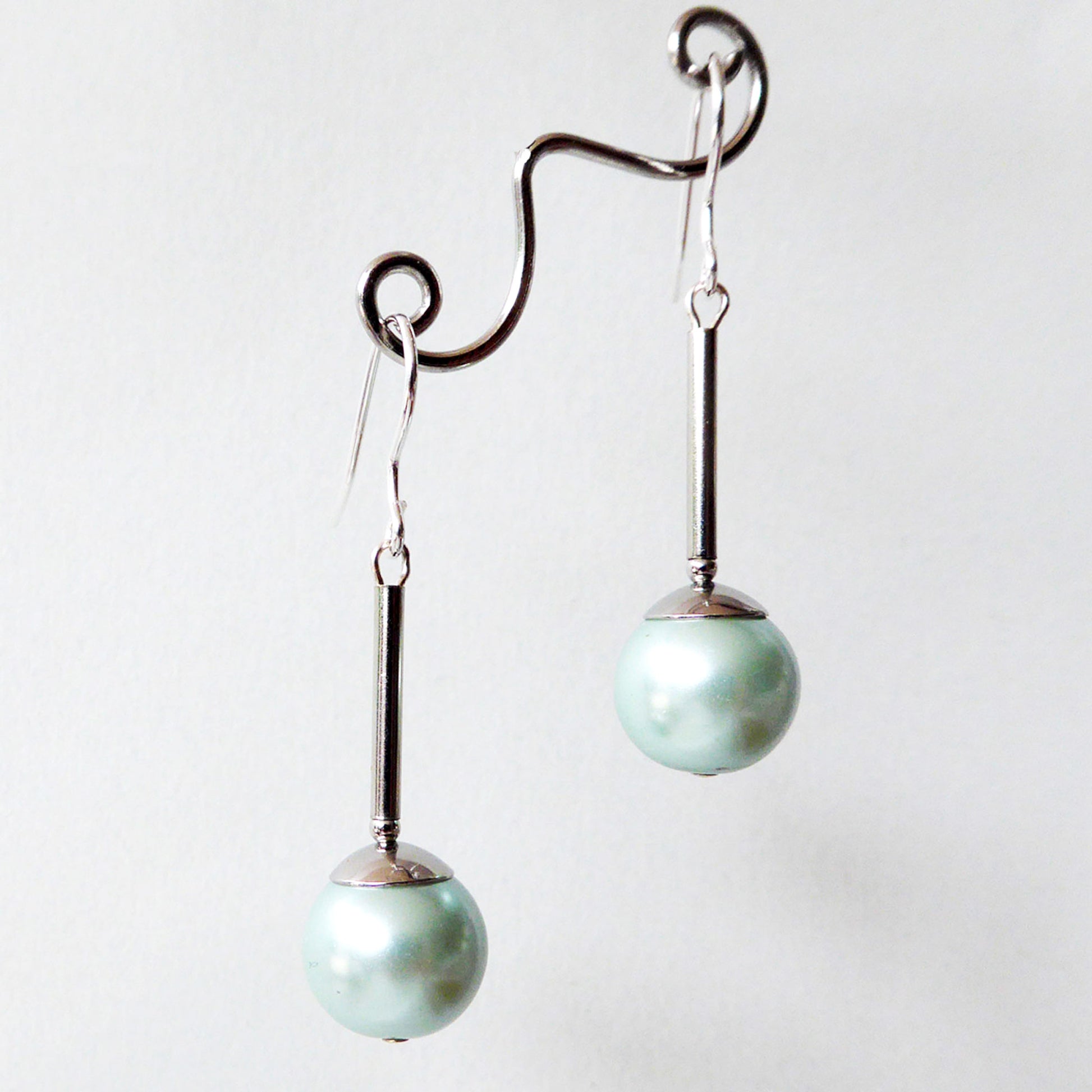 Mint green glass pearl long drop earrings