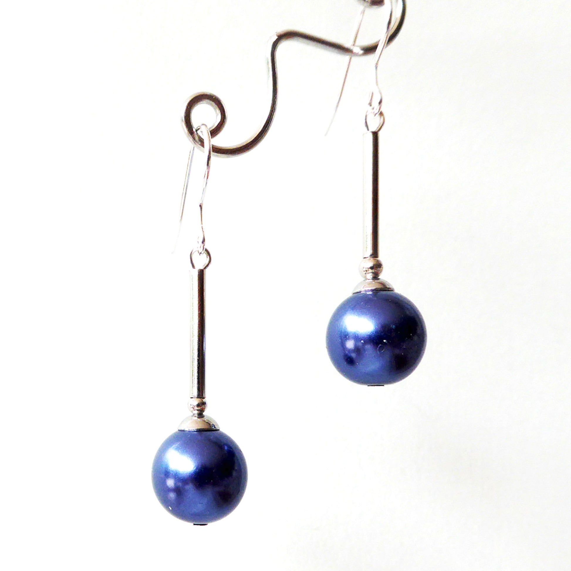 Navy glass pearl long drop earrings