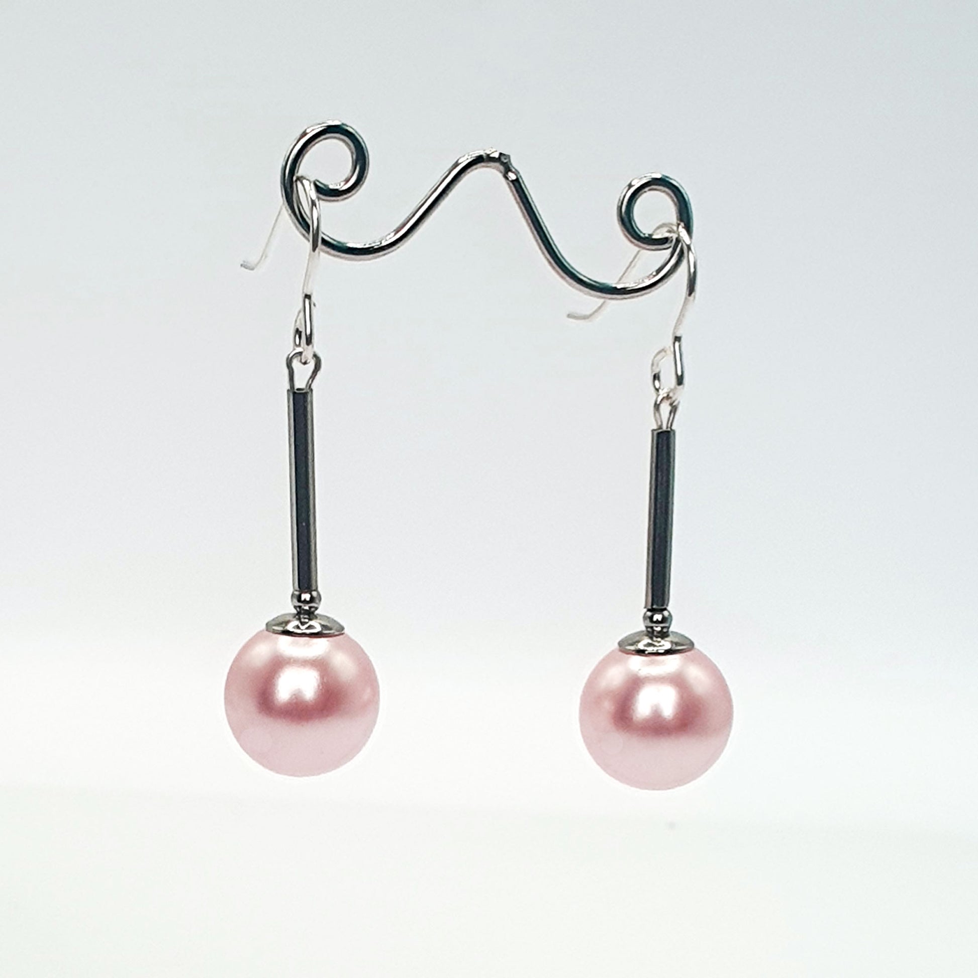 Pale pink glass pearl long drop earrings