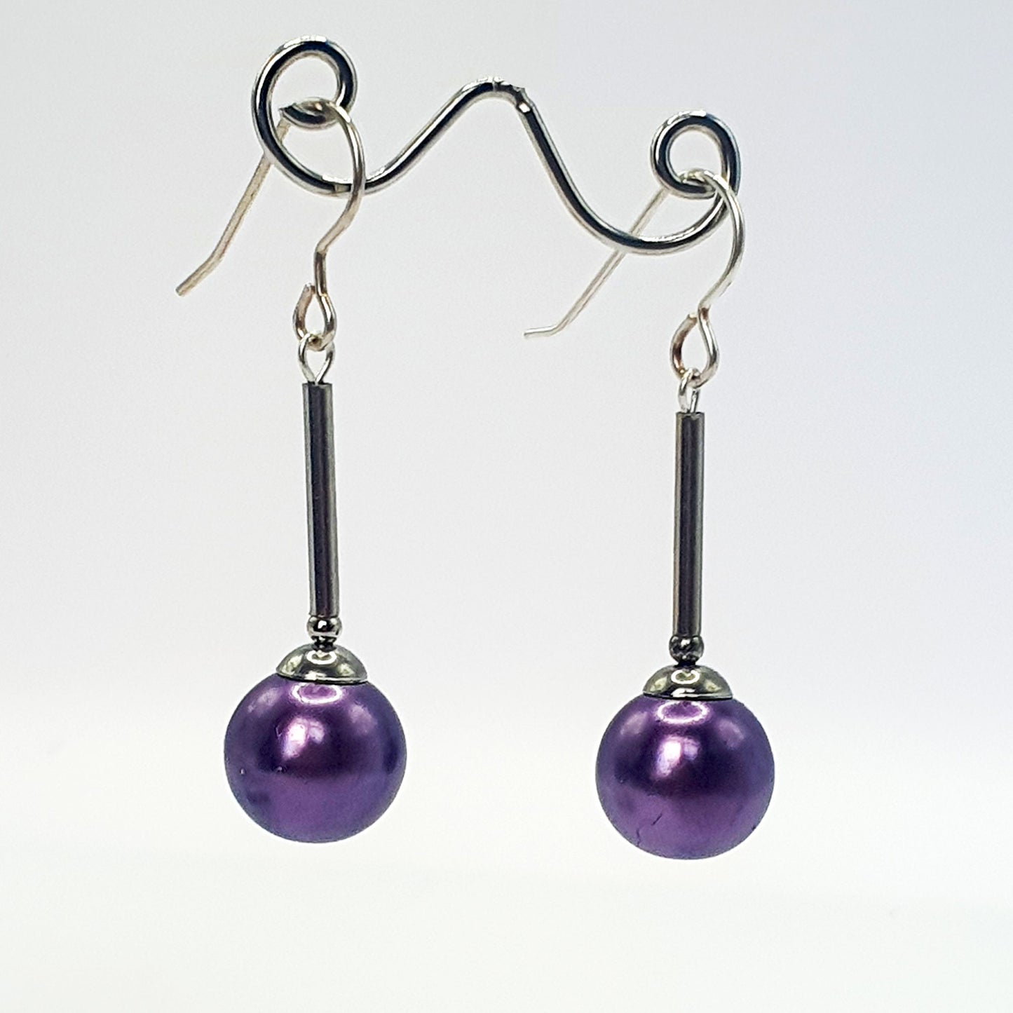 Purple glass pearl long drop earrings
