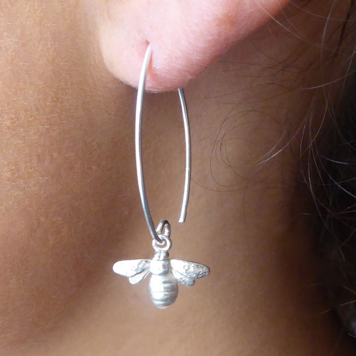 Sterling silver bees on long oval ear wires