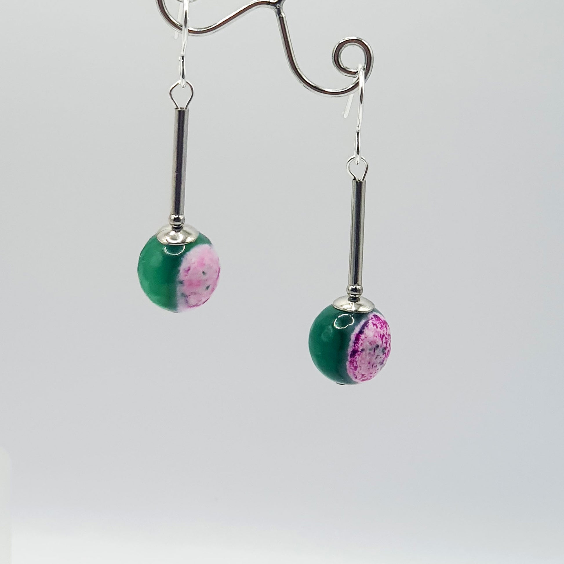 Pink and green fuchsia faceted agate long drop earrings