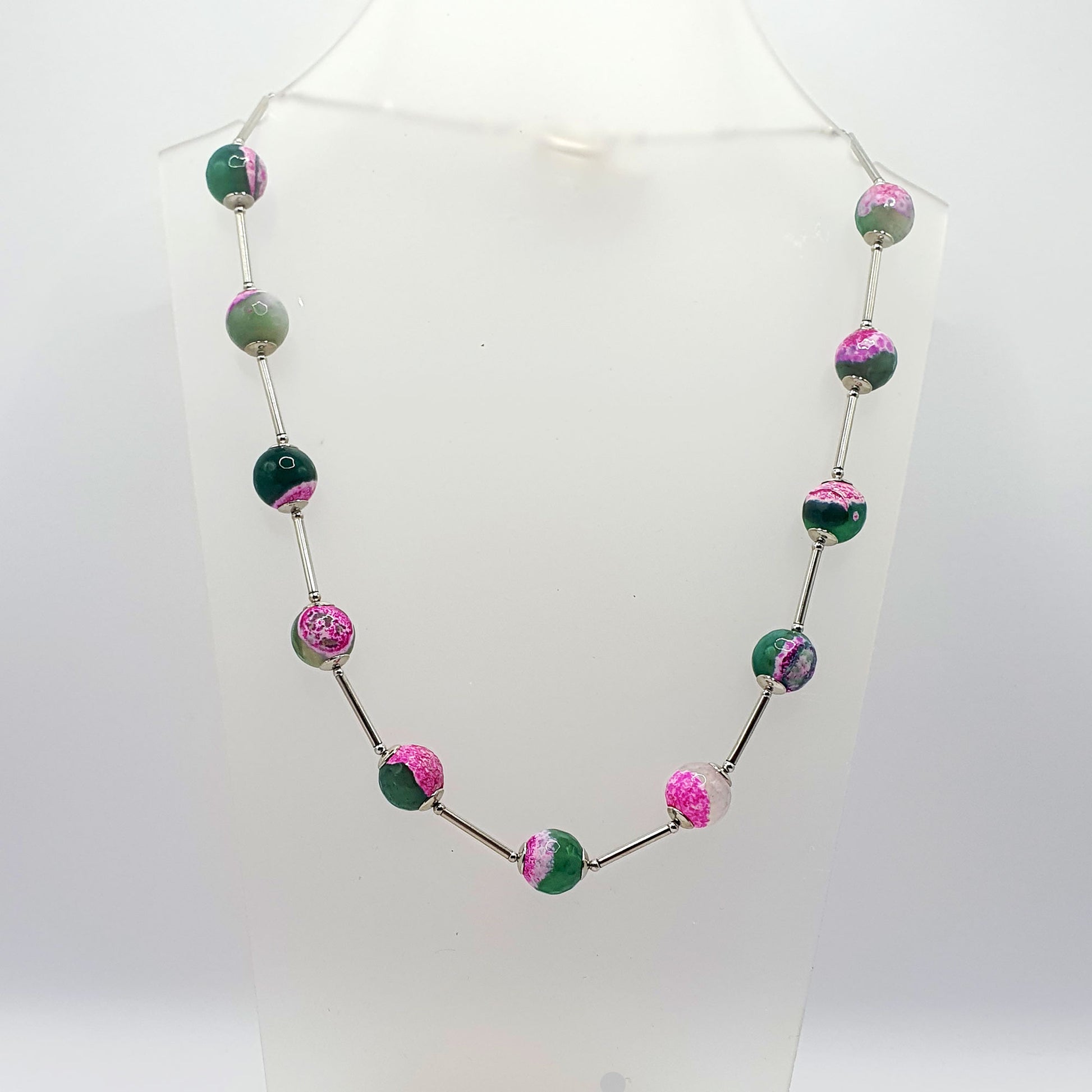 Orb style necklace in pink and green fuchsia faceted agate